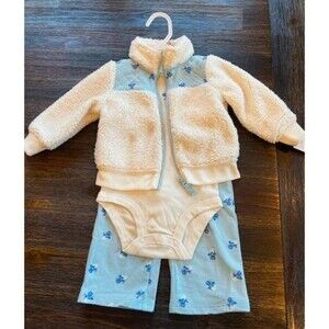 Carters 3pc Baby Girl Ivory and Blue Fleece Jacket Bodysuit Pant Set NWT 9M